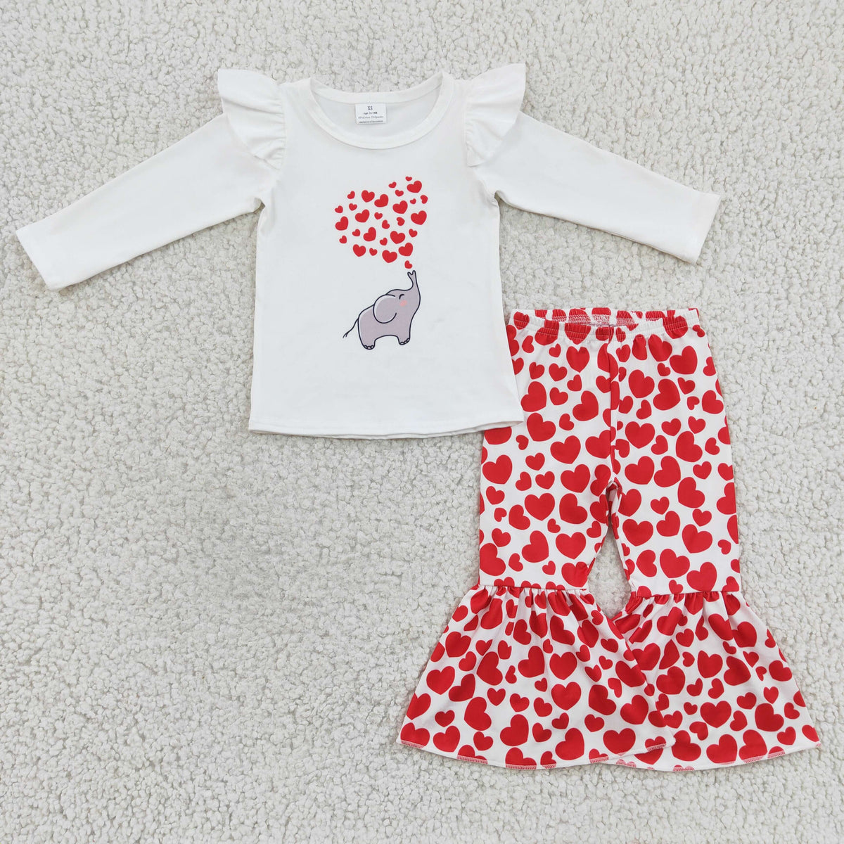 GLP0379 Elephant Hearts White Top Bell Pants Girls Valentine's Day Clothes Set