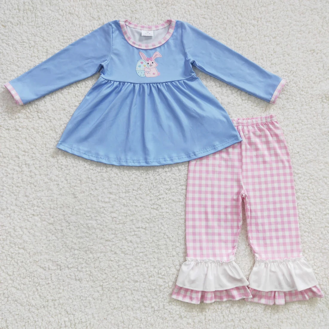 Sibling Baby Kids Embroidery Rabbits Eggs Jesus Top Pants Easter Clothes Set