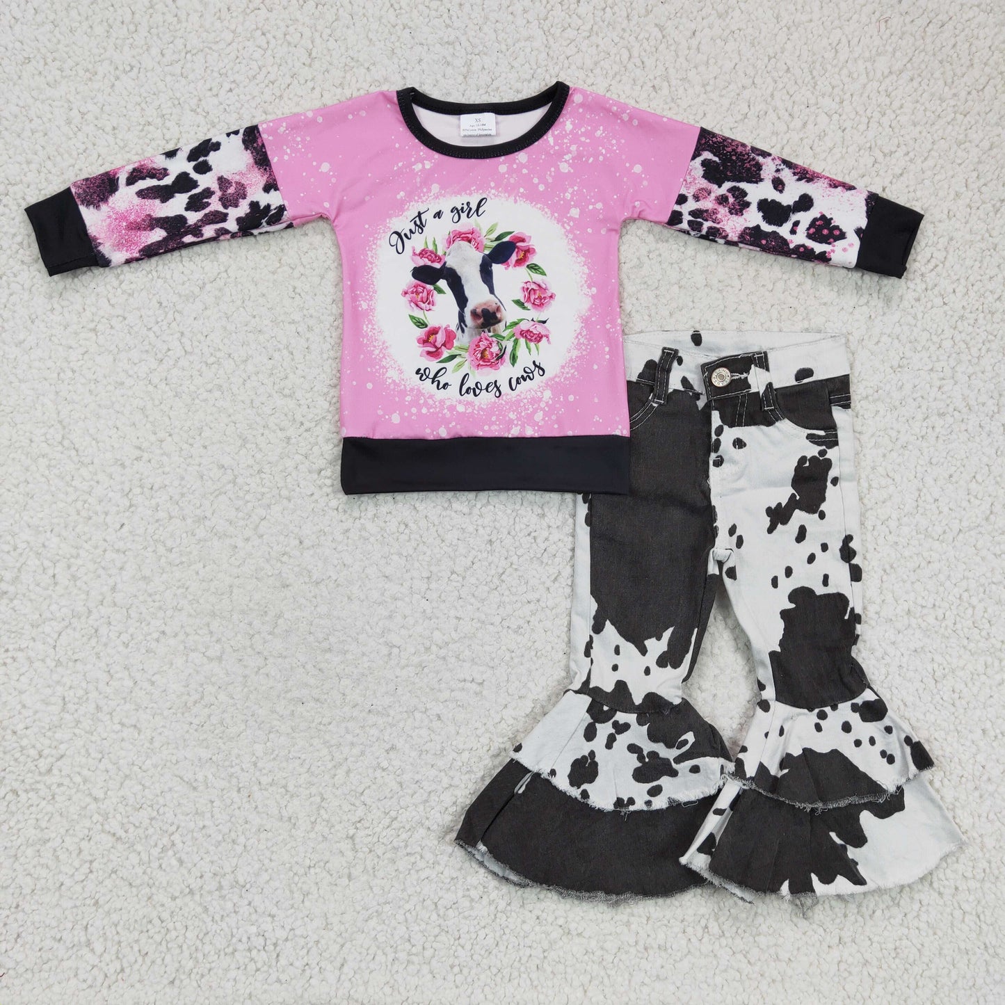 Girls fall COW print denim pants outfits      GLP0399
