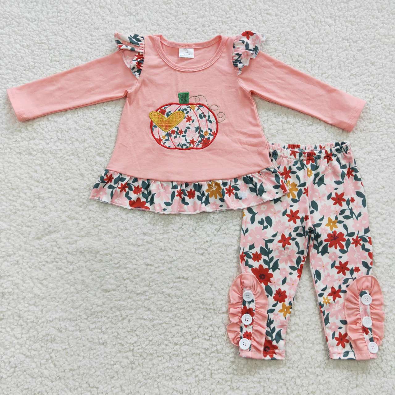 GLP0426 Pumpkin Embroidery Pink Top Flowers Legging Pants Girls Fall Clothes Set