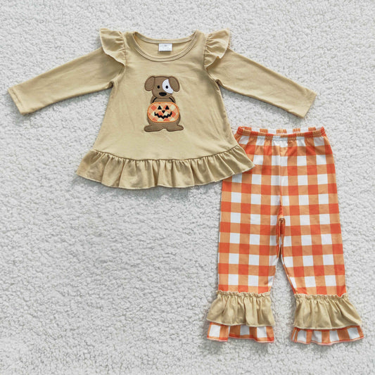 GLP0433 Dog Pumpkin Embroidery Top Orange Checkerd Pants Girls Halloween Clothes Set