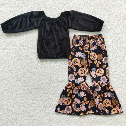 GLP0436 Black Velvet Top Pumpkin Candy Flowers Bell Pants Girls Halloween Clothes Set