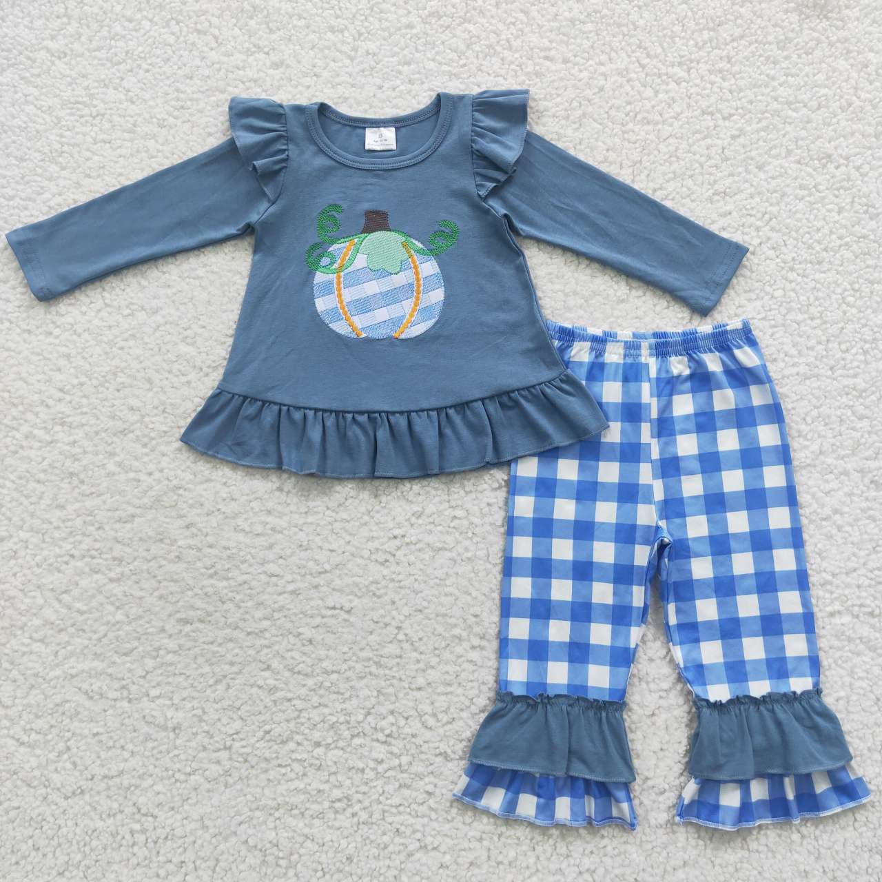 GLP0439 Pumpkin Embroidery Blue Top Checkerd Pants Girls Fall Clothes Set