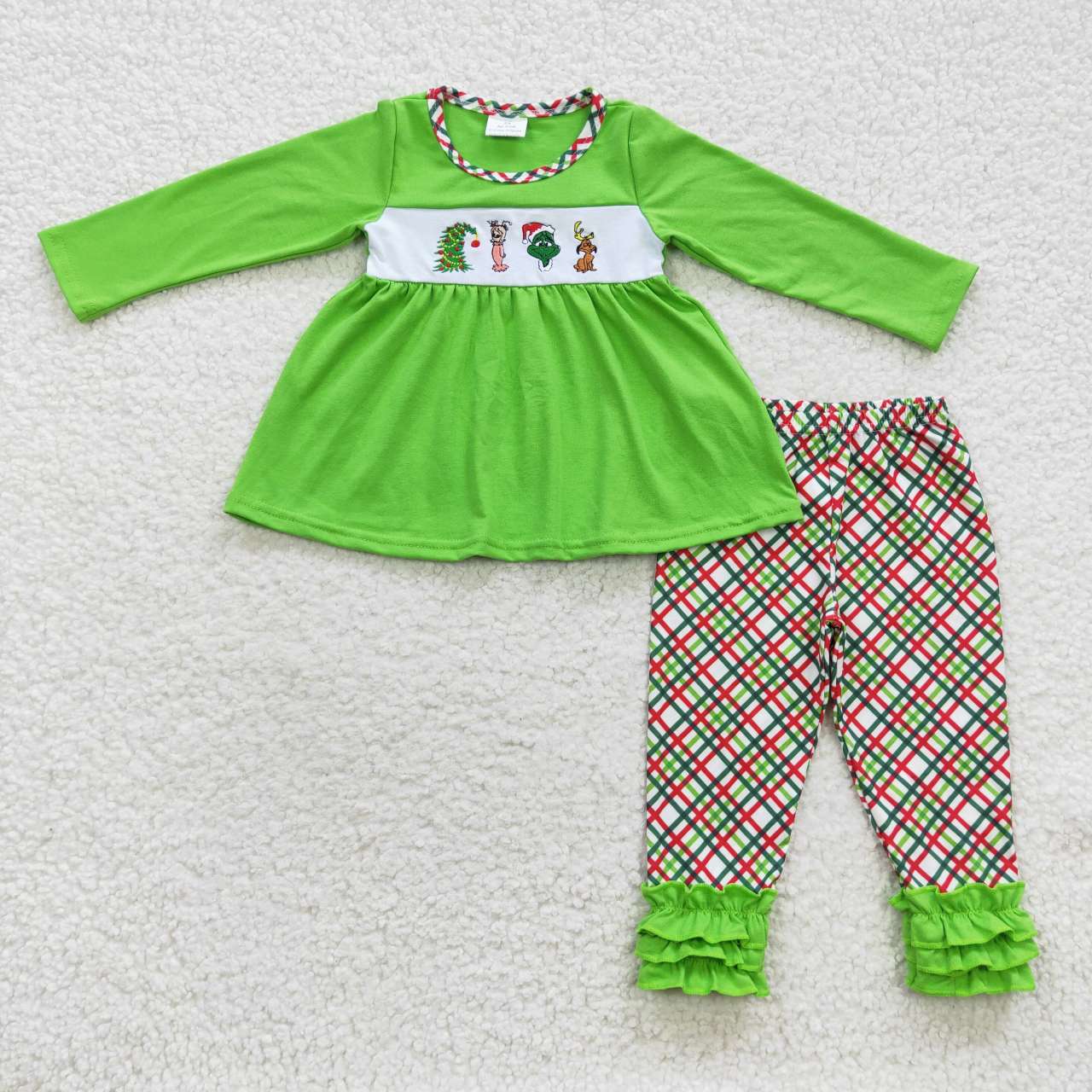 GLP0441 Green Frog Embroidery Tunic Top Ruffle Pants Girls Christmas Clothes Set