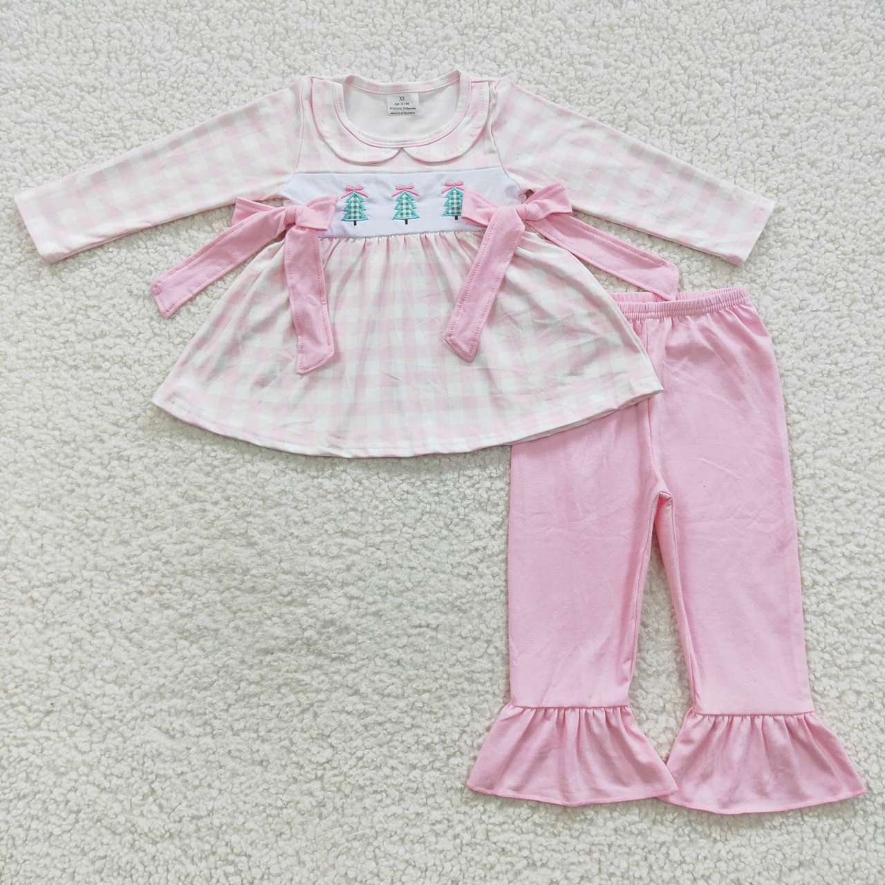 GLP0449 Tree Embroidery Checkered Tunic Top Pink Pants Girls Christmas Clothes Set