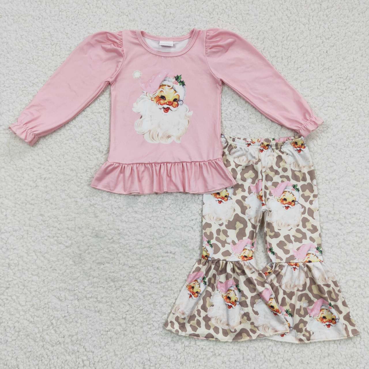 GLP0455 Santa Holly Pink Top Leopard Bell Pants Girls Christmas Clothes Set