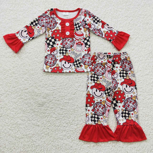 GLP0459 HOHOHOWDY Cowboy Santa Smiling Stars Print Girls Christmas Pajamas Clothes Set