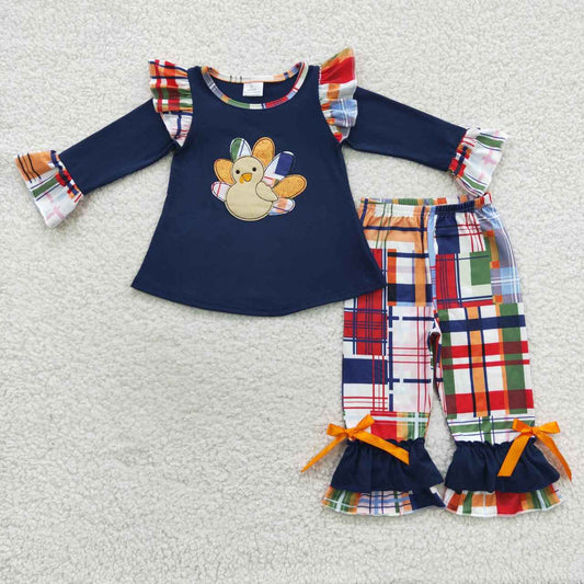 GLP0472 Turkey Embroidery Navy Top Checkerd Pants Girls Thanksgiving Clothes Set