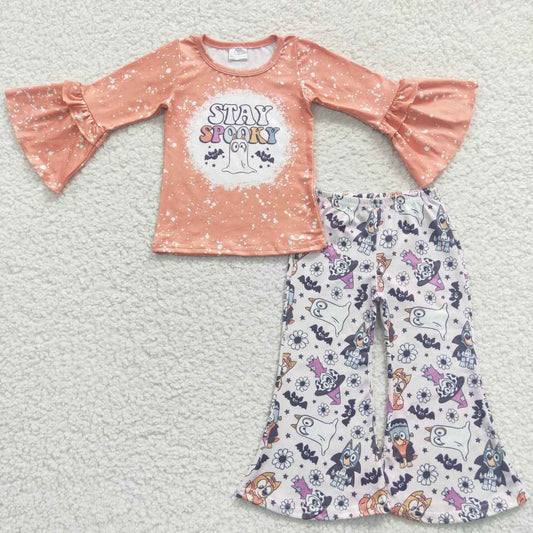 GLP0491 Stay Spooky Cartoon Dog Flowers Bell Pants Girls Halloween Clothes Set
