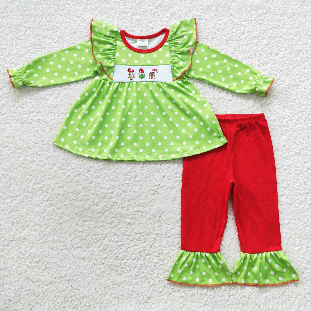 GLP0494 Green Frog Embroidery Dots Tunic Top Red Pants Girls Christmas Clothes Set
