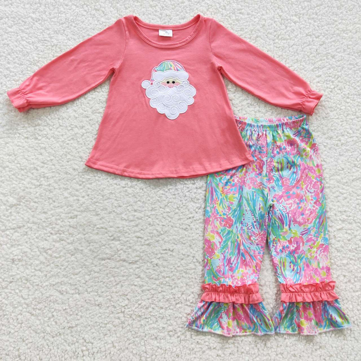 GLP0497 Santa Embroidery Pink Top Seaweed Ruffle Pants Girls Christmas Clothes Set