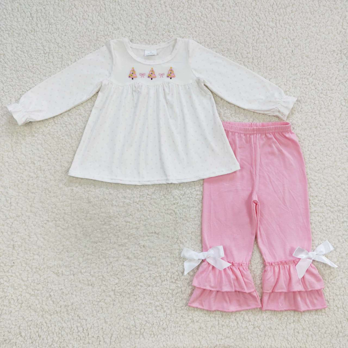GLP0505 Tree Bows Embroidery Dots Tunic Top Pink Pants Girls Christmas Clothes Set