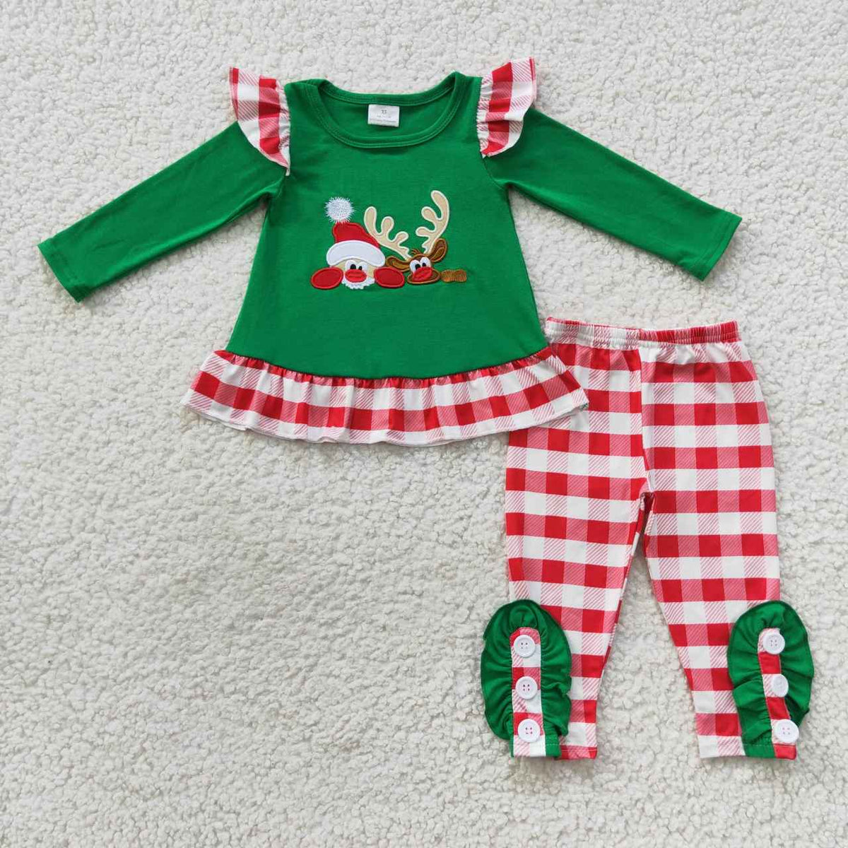 GLP0507 Santa Deer Embroidery Green Tunic Top Checkered Pants Girls Christmas Clothes Set