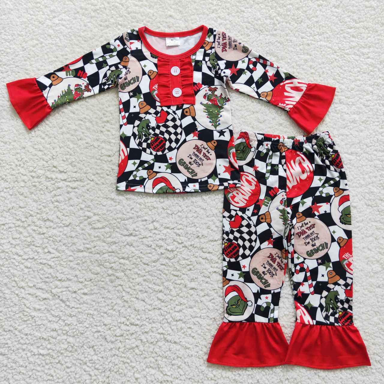 GLP0514 Green Frog Wavy Checkered Print Girls Christmas Pajamas Clothes Set