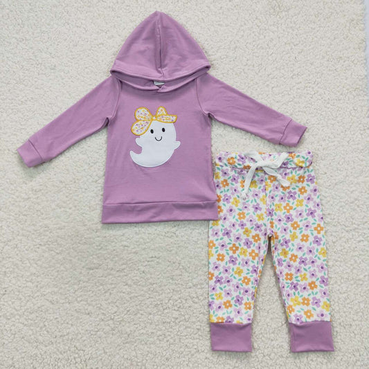 GLP0530 Ghost Embroidery Purple Hoodie Top Flowers Pants Girls Halloween Clothes Set