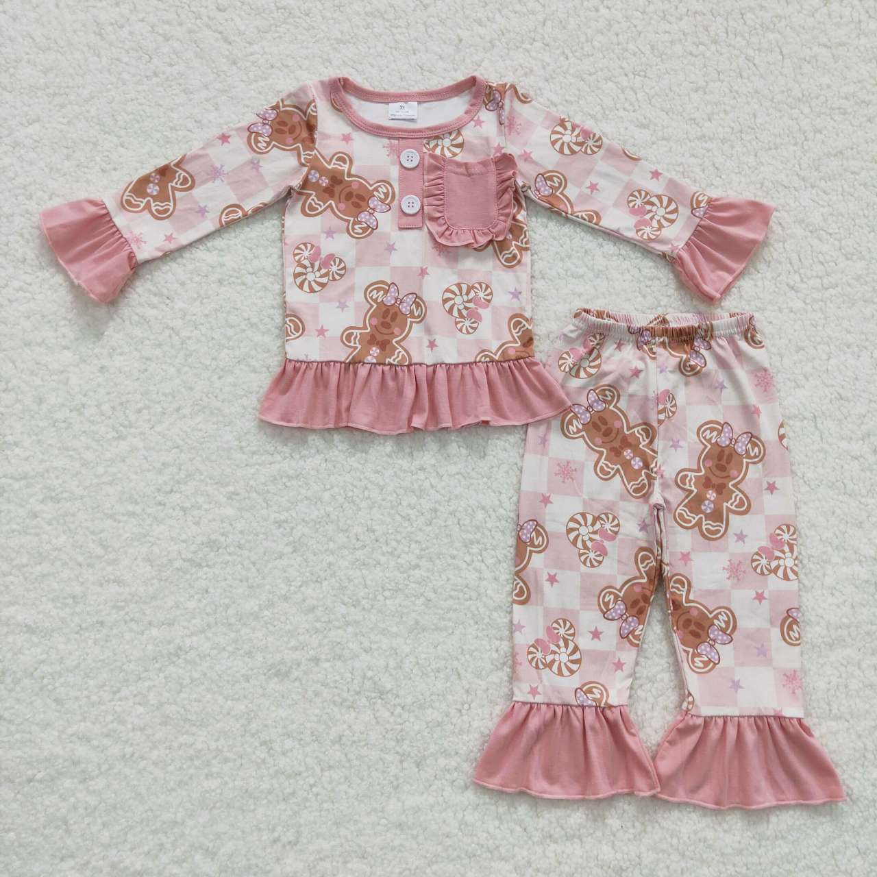 GLP0453 Gingerbread Pink Print Girls Christmas Pajamas Clothes Set