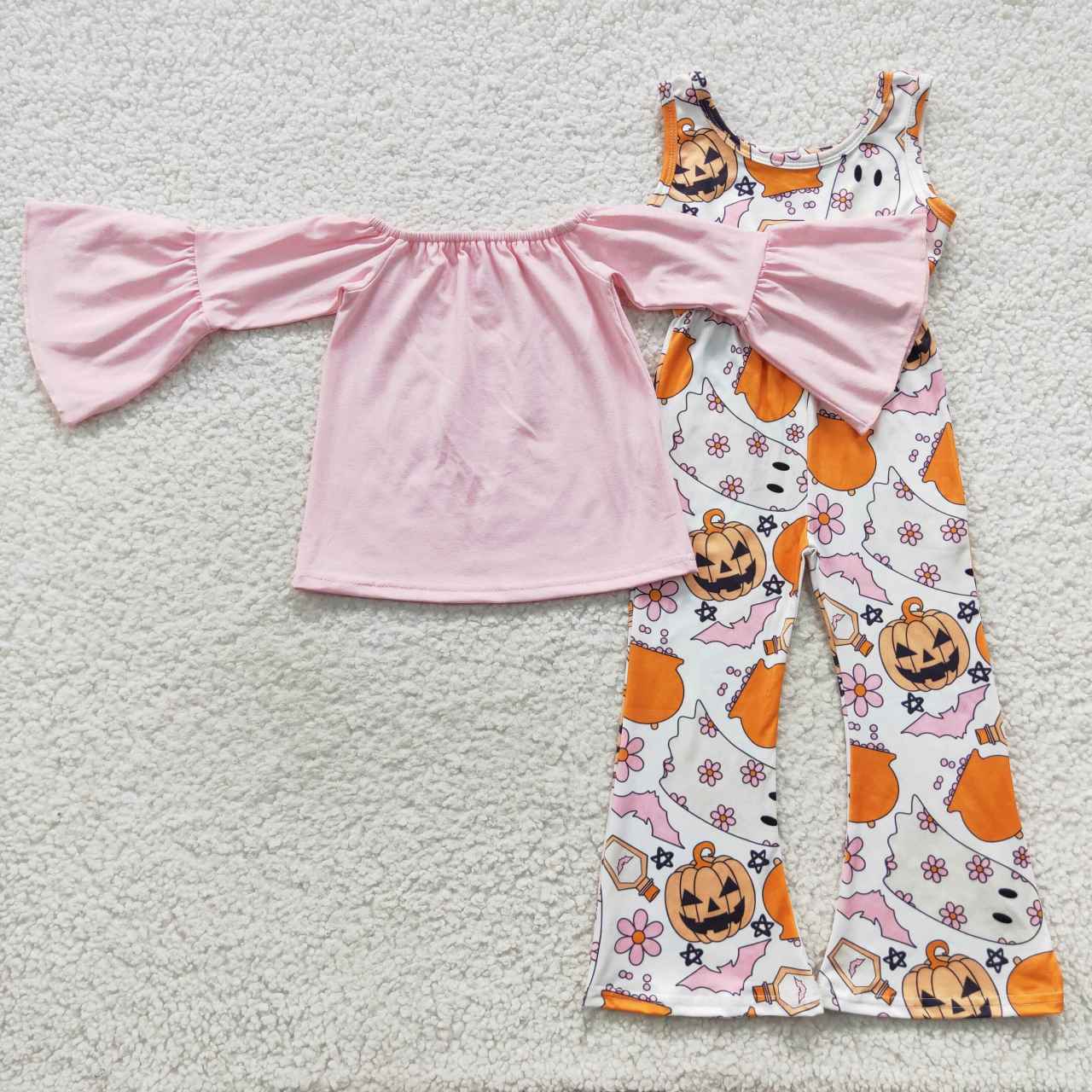 GLP0568 Pink Top Pumpkin Ghost Flowers Jumpsuits Girls Halloween Clothes Set