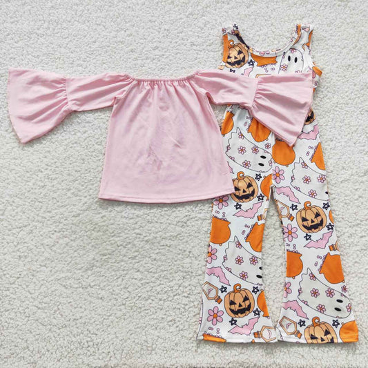 GLP0568 Pink Top Pumpkin Ghost Flowers Jumpsuits Girls Halloween Clothes Set