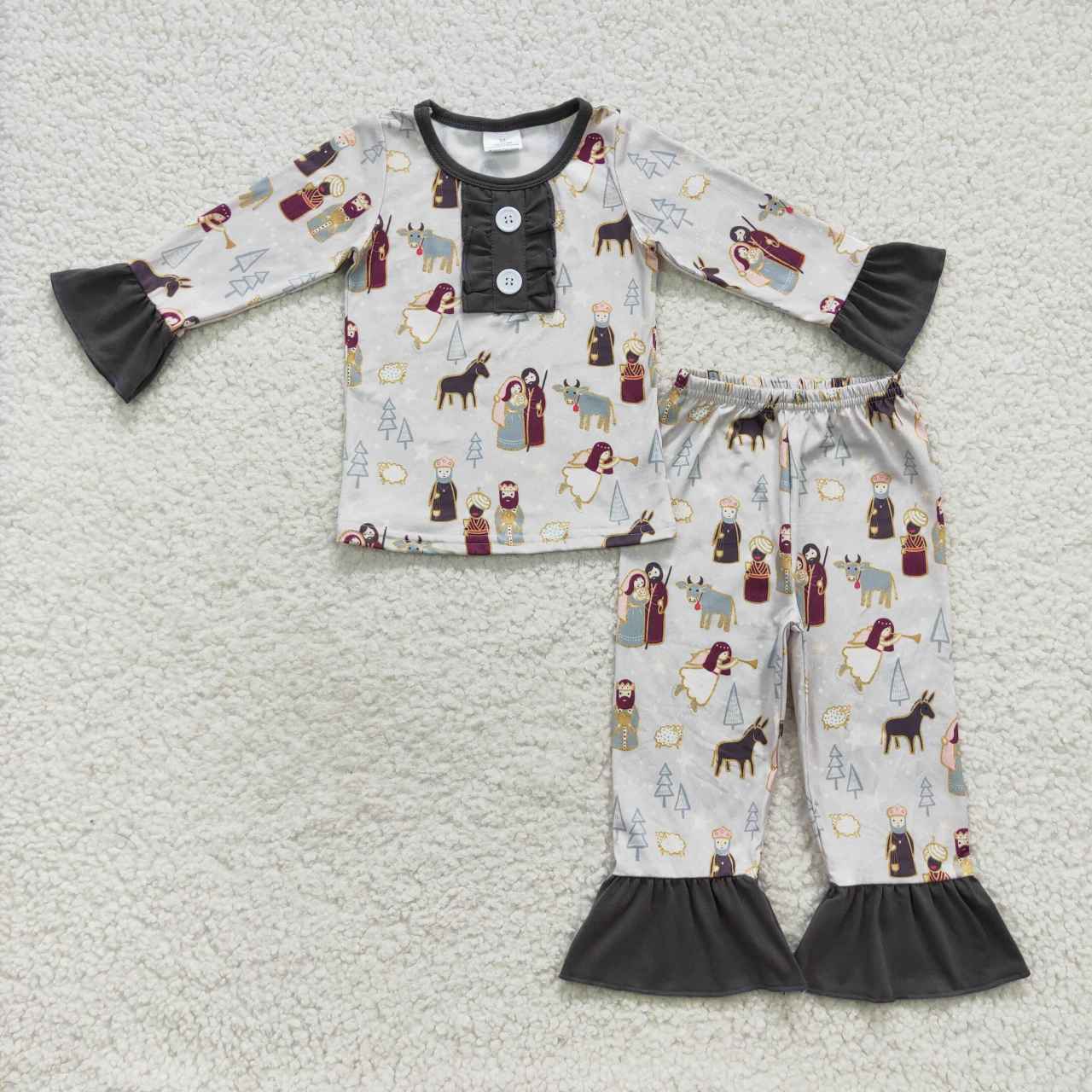 GLP0587 Nativity Stars Print Girls Christmas Pajamas Clothes Set