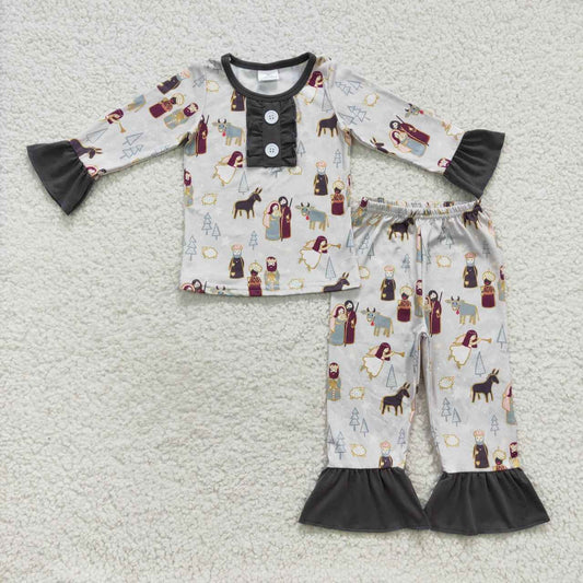 GLP0587 Nativity Stars Print Girls Christmas Pajamas Clothes Set