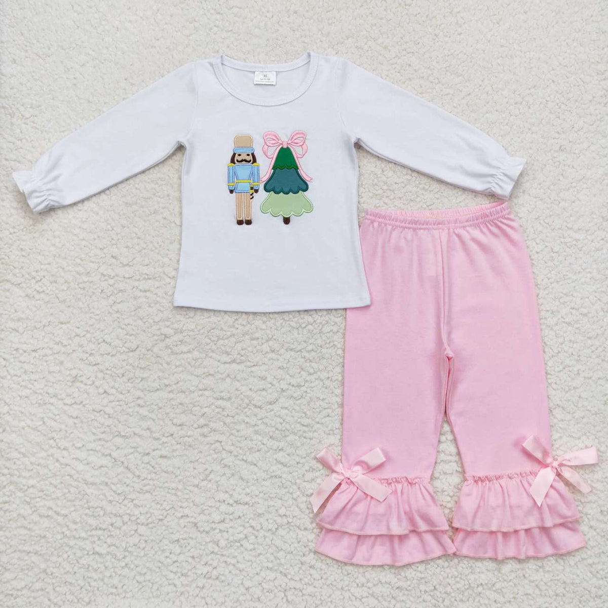 GLP0597 Nutcracke* Soldier Tree Embroidery White Top Pink Ruffle Pants Girls Christmas Cotton Clothes Set