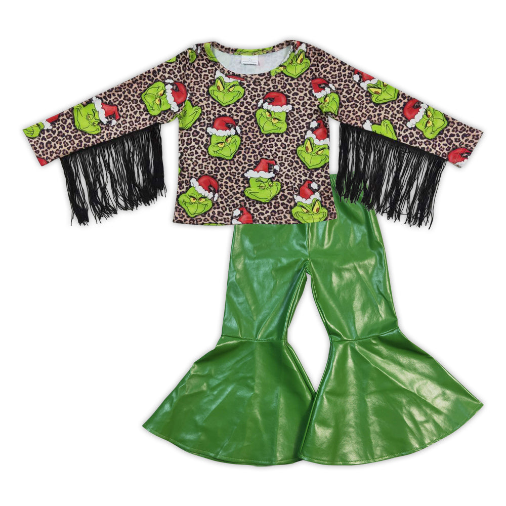 GLP0599 Green Frog Leopard Tassel Top Pleather Bell Pants Girls Christmas Clothes Set