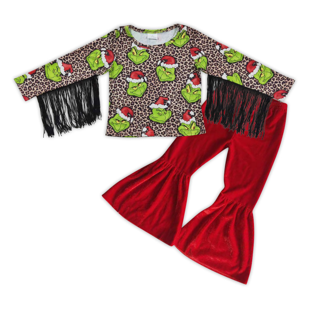 GLP0600 Green Frog Leopard Tassel Top Red Velvet Bell Pants Girls Christmas Clothes Set
