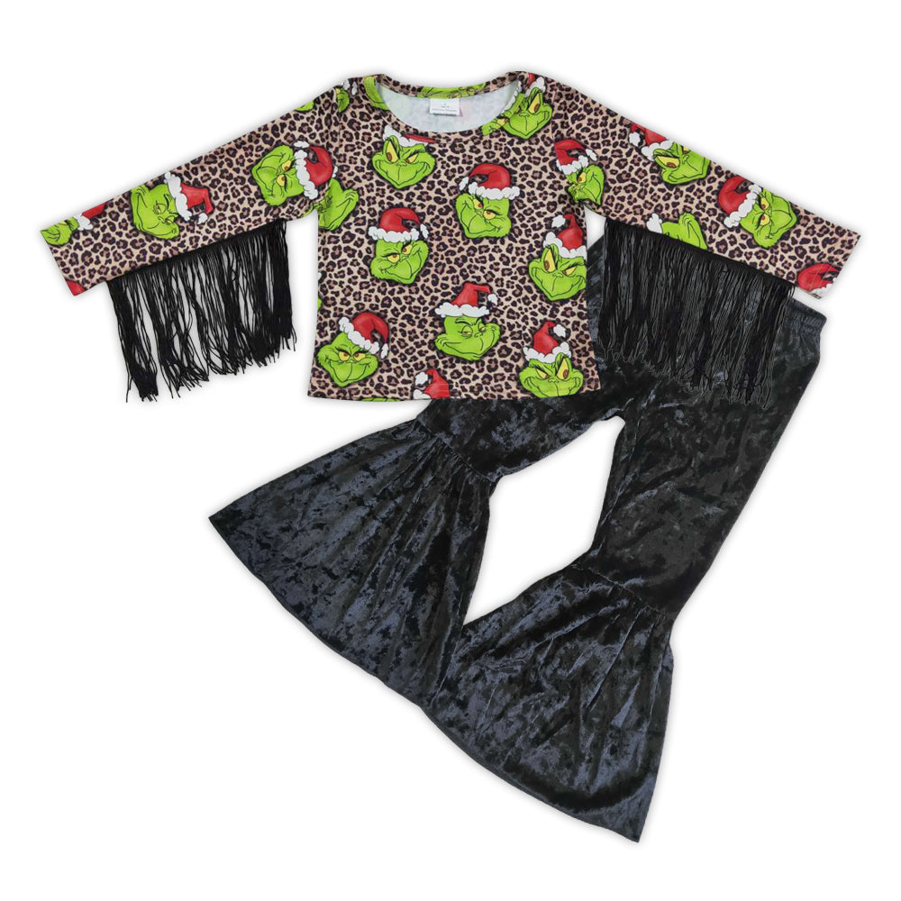 GLP0601 Green Frog Leopard Tassel Top Black Velvet Bell Pants Girls Christmas Clothes Set