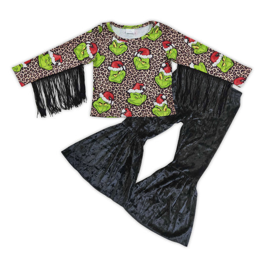 GLP0601 Green Frog Leopard Tassel Top Black Velvet Bell Pants Girls Christmas Clothes Set