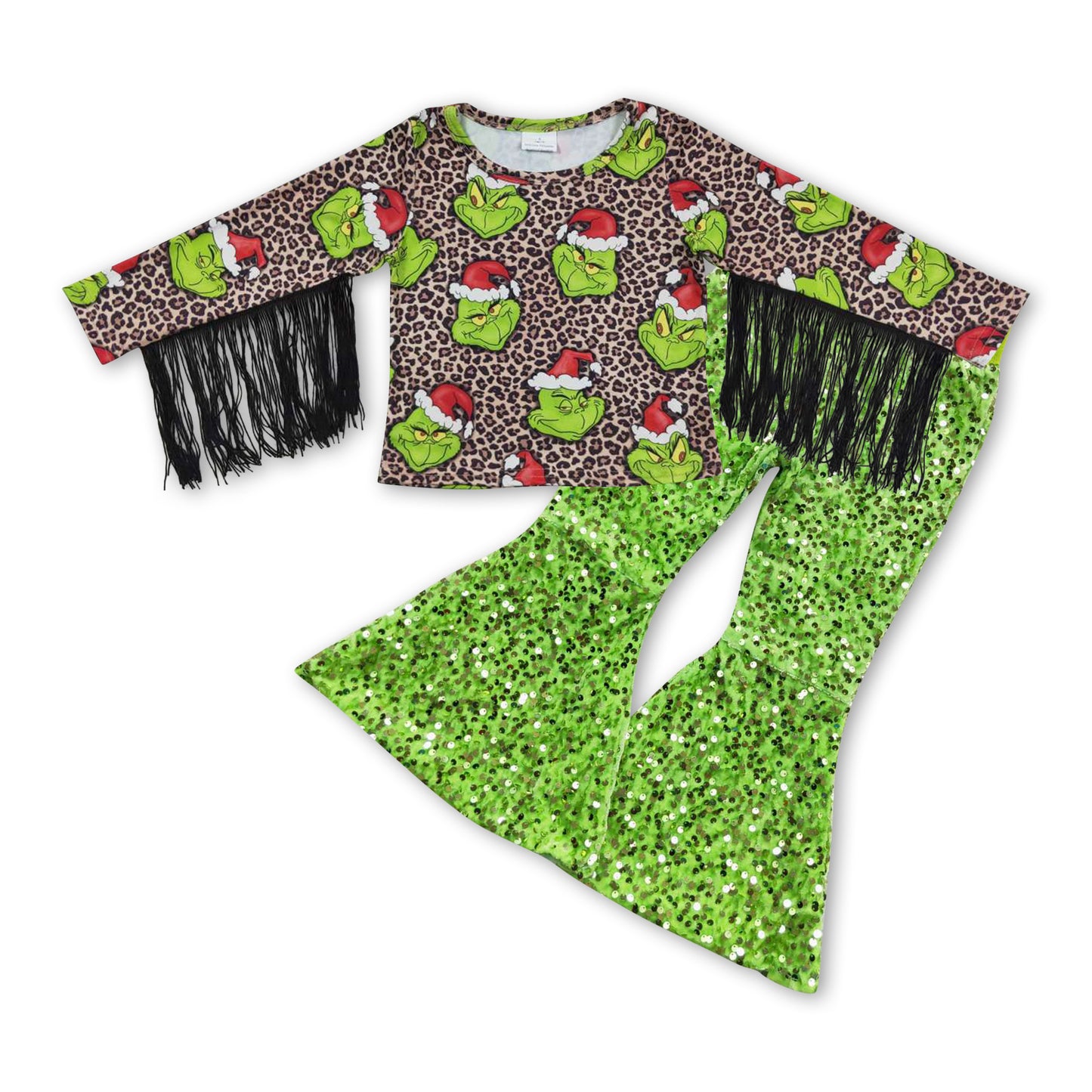 GLP0602 Green Frog Leopard Tassel Top Sequin Bell Pants Girls Christmas Clothes Set