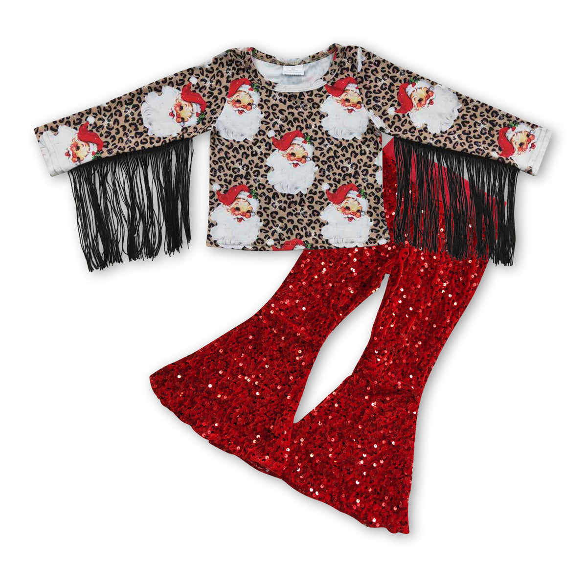 GLP0603 Santa Leopard Tassel Top Sequin Bell Pants Girls Christmas Clothes Set