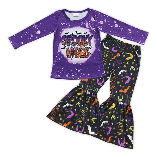 GLP0606 Spooky Vibes Purple Top Bat Bell Pants Girls Halloween Clothes Set