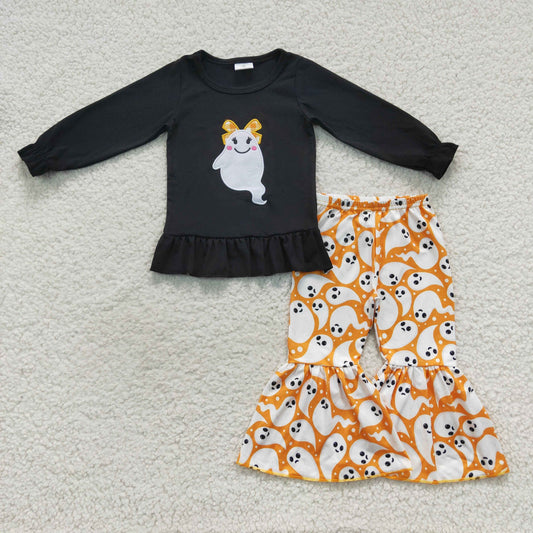 GLP0608 Ghost Embroidery Black Top Orange Bell Pants Girls Halloween Clothes Set
