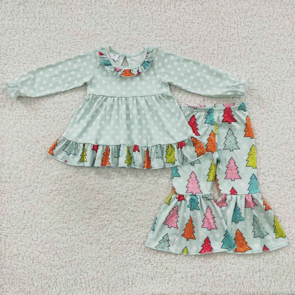 GLP0618 Colorful Tree Ruffle Tunic Top Bell Pants Girls Christmas Clothes Set