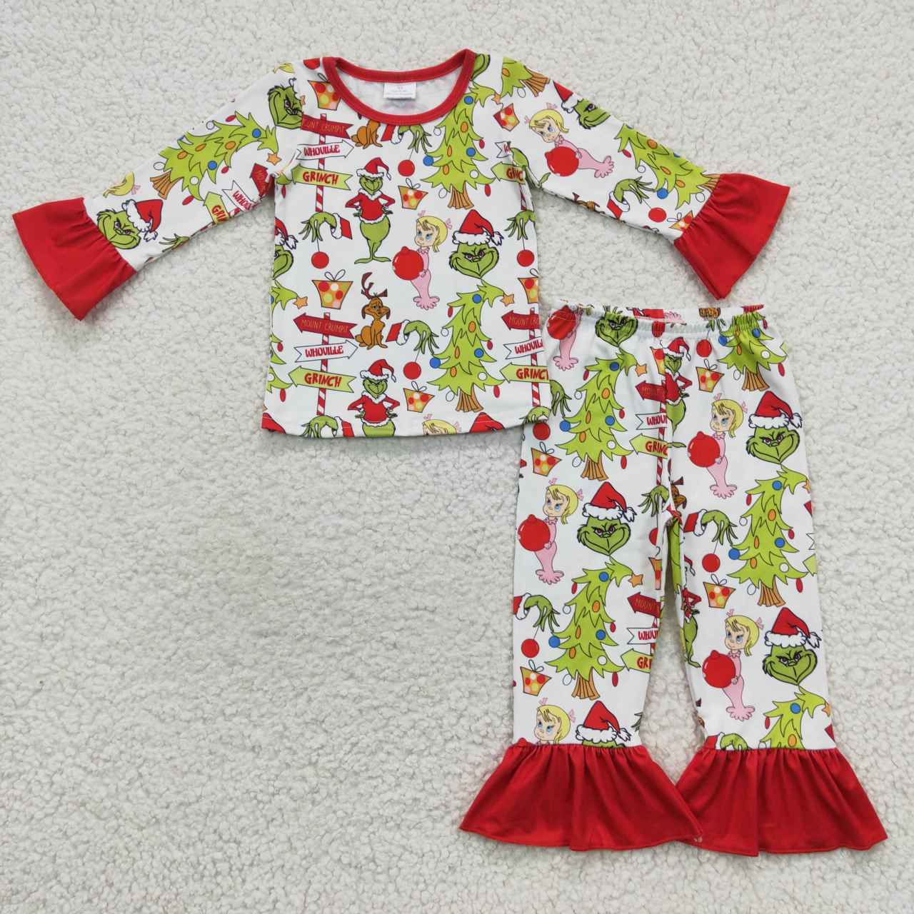 GLP0619 Green Frog Friends Print Girls Christmas Pajamas Clothes Set