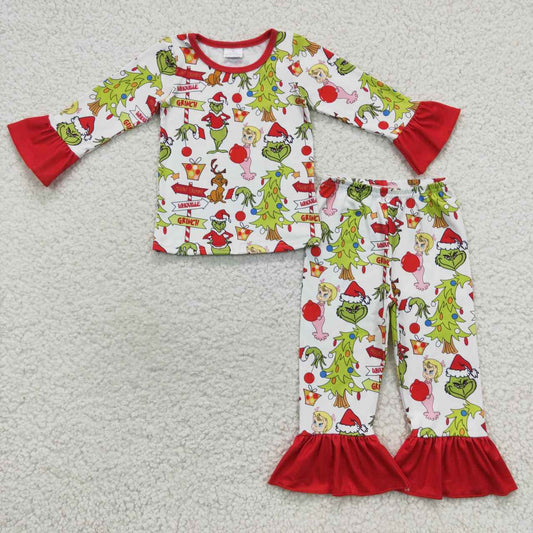 GLP0619 Green Frog Friends Print Girls Christmas Pajamas Clothes Set
