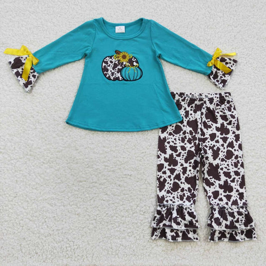 GLP0622 Pumpkin Embroidery Blue Top Cowhide Pants Girls Fall Clothes Set
