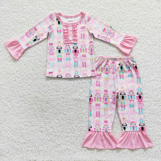 GLP0623 Nutcracke* Soldier Pink Print Girls Christmas Pajamas Clothes Set