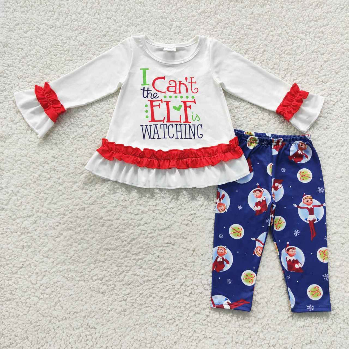 GLP0641 Cartoon Shelf Ruffle Tunic Top Blue Pants Girls Christmas Clothes Set