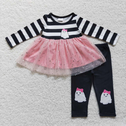 GLP0651 Ghost Tulle Tunic Top Legging Pants Girls Halloween Clothes Set