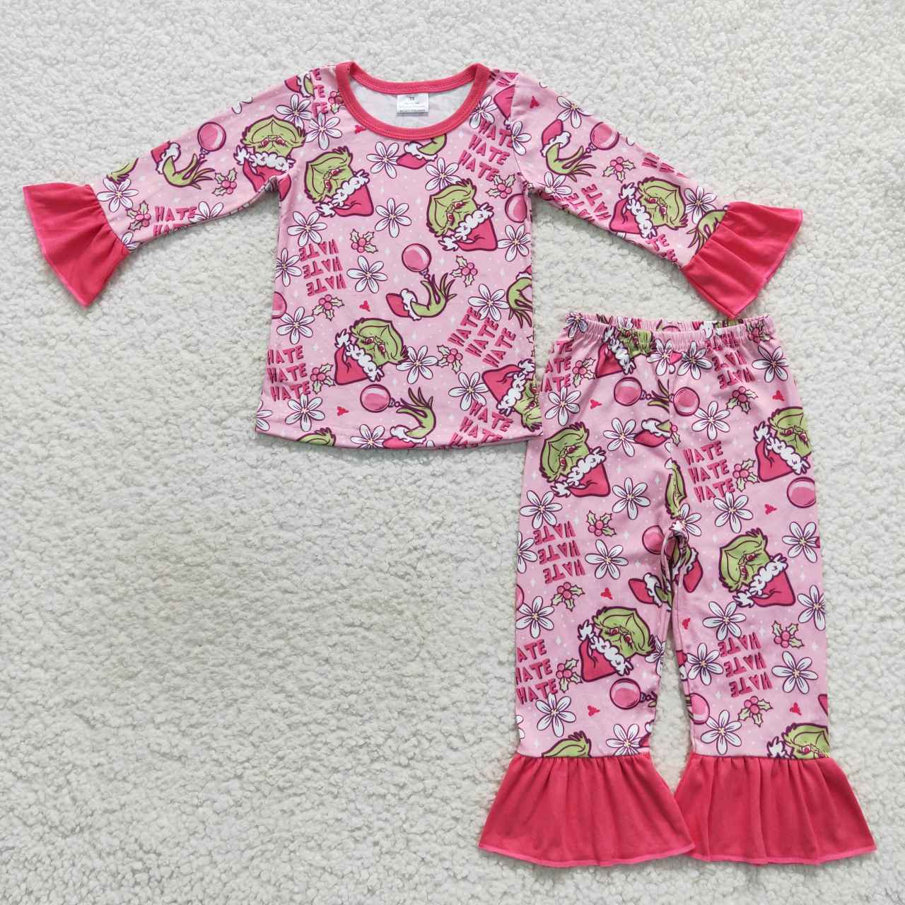 GLP0656 Green Frog Flowers Pink Print Girls Christmas Pajamas Clothes Set