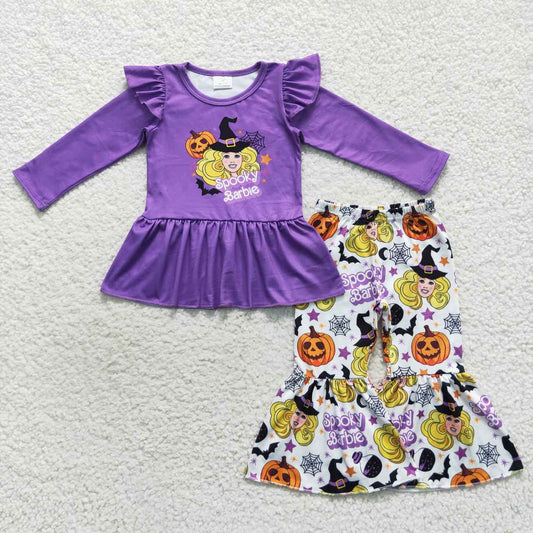 GLP0659 Purple Spooky BA Pumpkin Top Bell Pants Girls Halloween Clothes Set