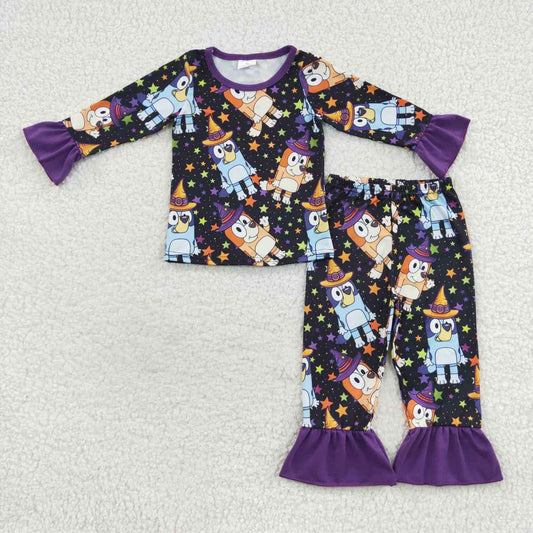 GLP0660 Witch Cartoon Dog Purple Print Girls Halloween Pajamas Clothes Set