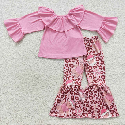 GLP0673 Pink Ruffle Top Gingerbread Leopard Bell Pants Girls Christmas Clothes Set