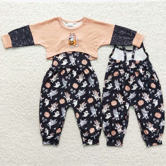 GLP0678 Cartoon Dog Pumpkin Top Ghost Jumpsuits Girls Halloween Clothes Set