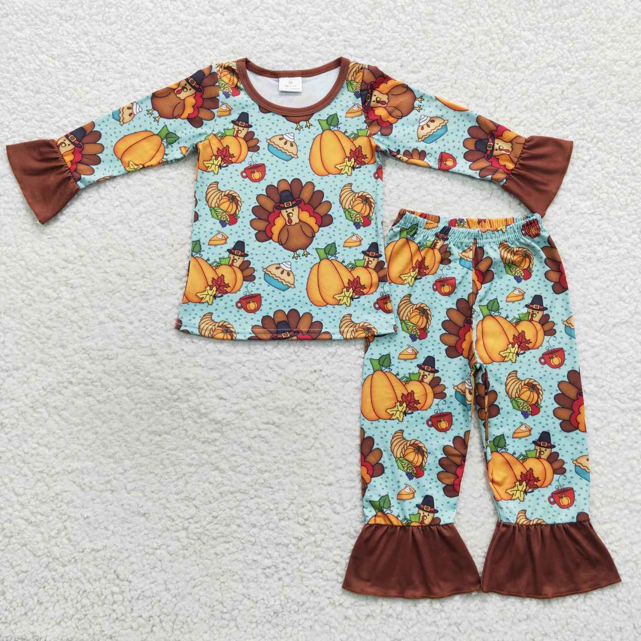 GLP0684 Pumpkin Turkey Pie Print Girls Thanksgiving Pajamas Clothes Set