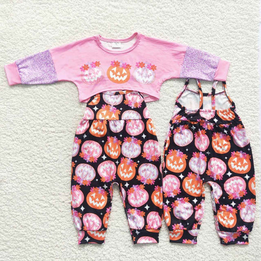GLP0686 Pumpkin Flowers Top Jumpsuits Girls Halloween Clothes Set