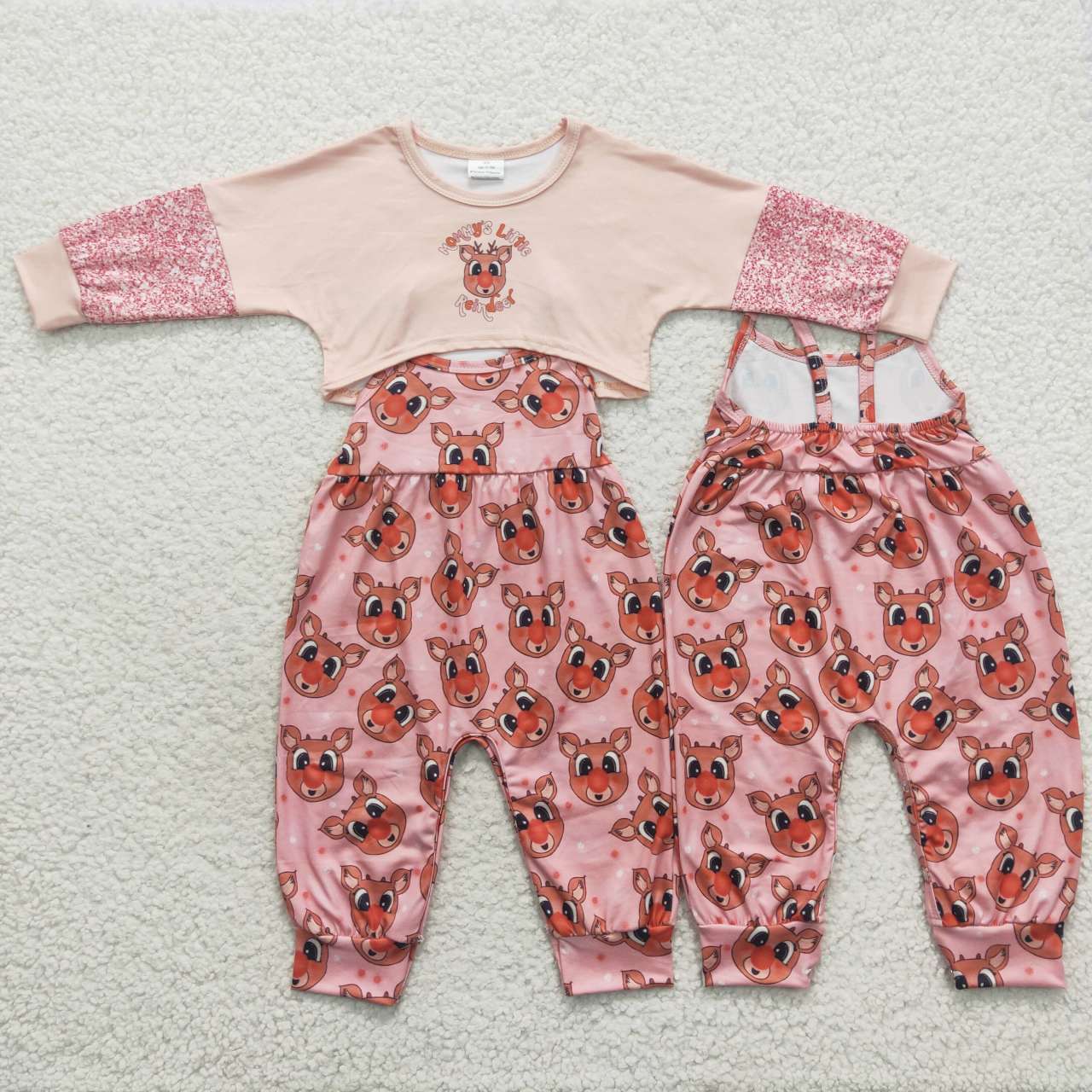 GLP0688 Deer Pink Top Jumpsuits Girls Christmas Clothes Set