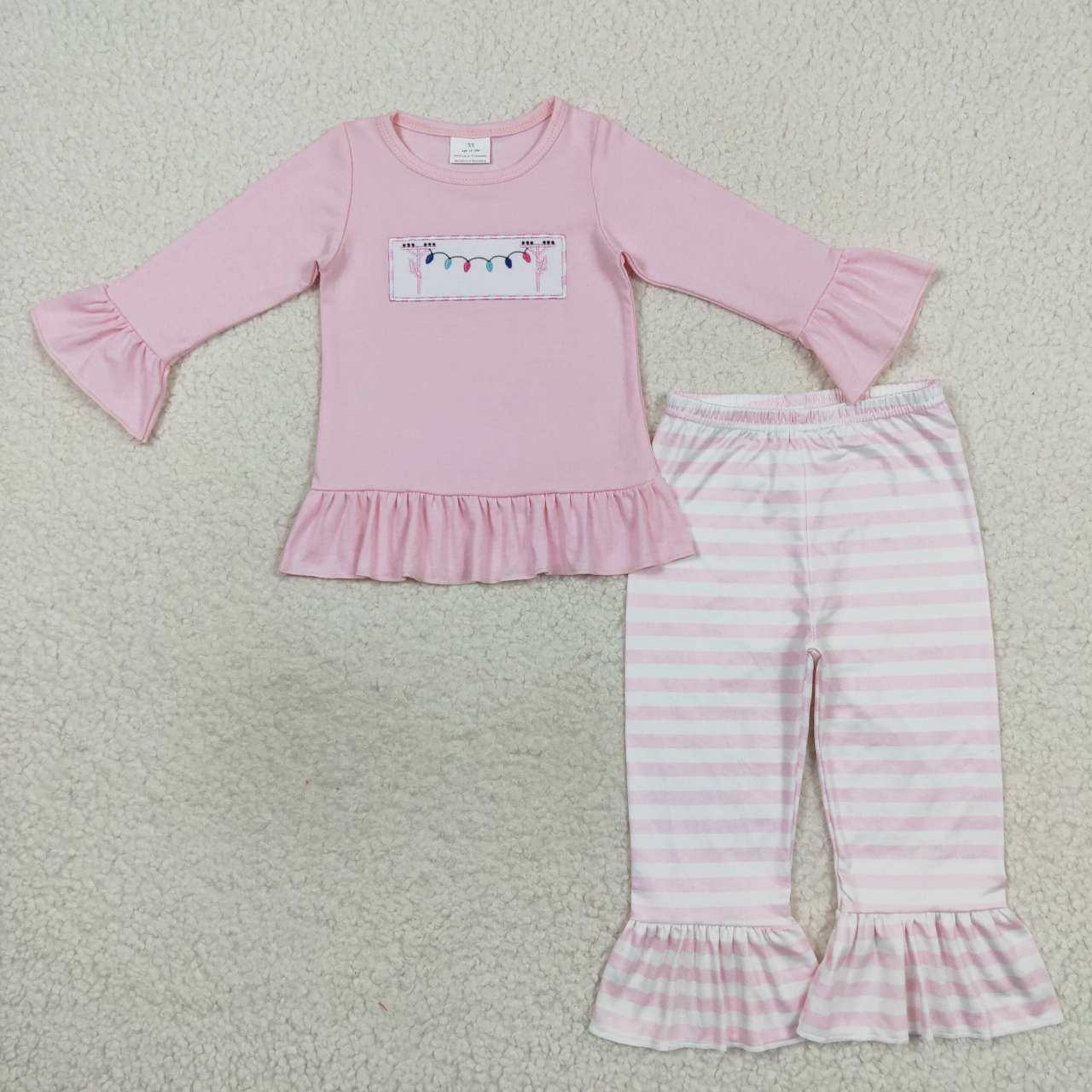 GLP0694 Lights Embroidery Pink Top Stripes Ruffle Pants Girls Christmas Clothes Set