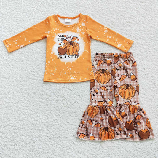 GLP0702 Fall Vibes Pumpkin Top Candy Bat Bell Pants Girls Halloween Clothes Set